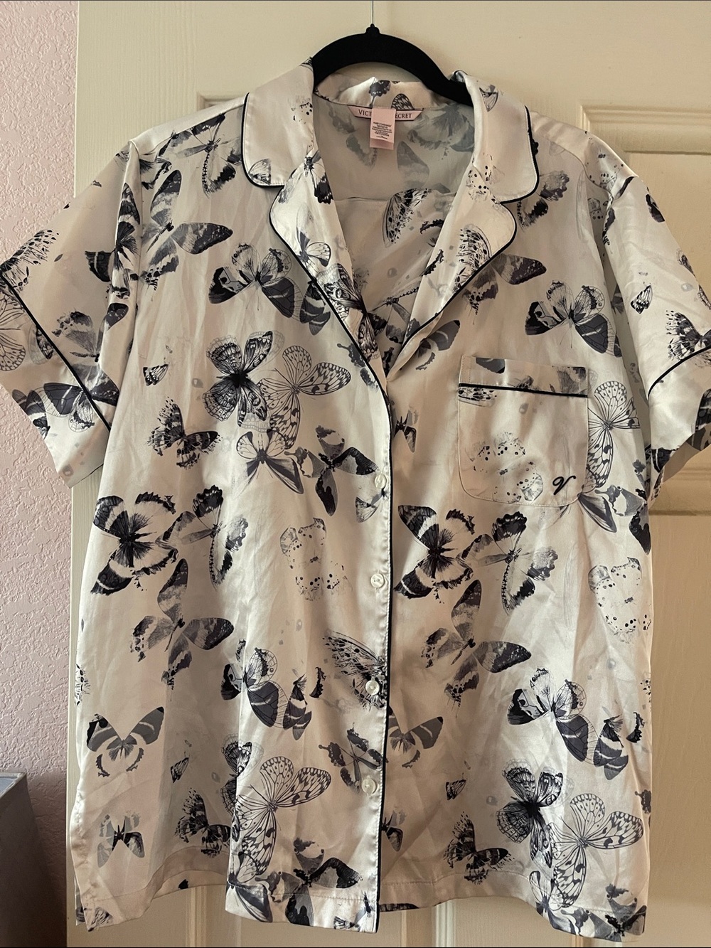 Victoria's Secret Short Sleeve Button-Down Shirt - White/Black Butterfly Print